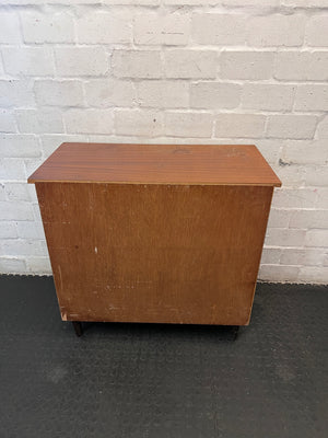 Mid-Century Style Four Drawer Chest in Brown Finish — Chipped Surfaces and Missing Handles – back view
