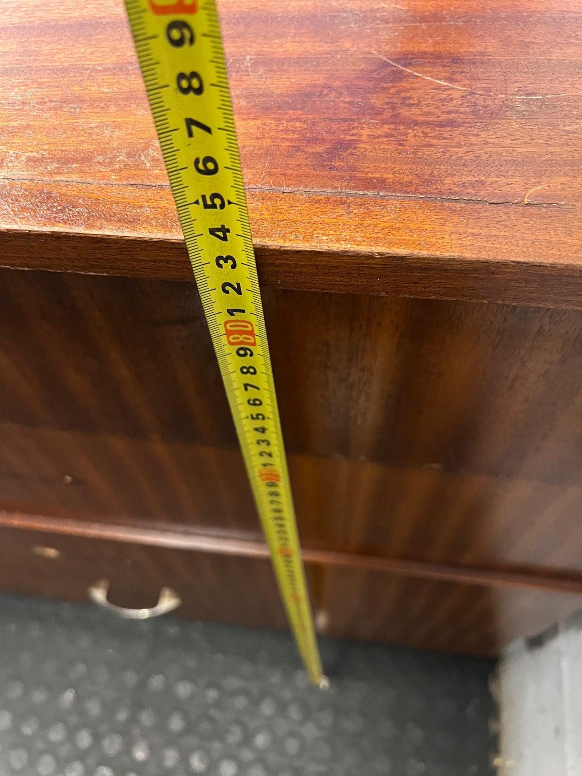 Mid-Century Style Four Drawer Chest in Brown Finish — Chipped Surfaces and Missing Handles – height measurement