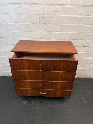 Mid-Century Style Four Drawer Chest in Brown Finish — Chipped Surfaces and Missing Handles – side view