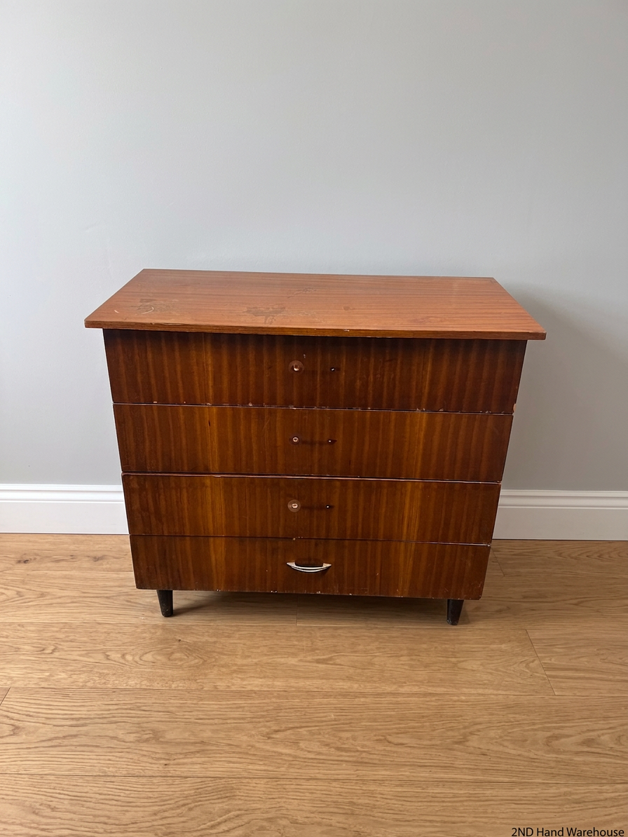 Mid-Century Style Four Drawer Chest in Brown Finish — Chipped Surfaces and Missing Handles – styled product image