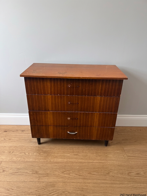 Mid-Century Style Four Drawer Chest in Brown Finish — Chipped Surfaces and Missing Handles – styled product image