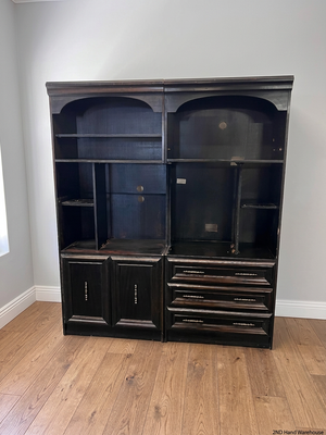 Tall Dark Wood Entertainment TV Unit — Fair Condition with Visible Surface Wear – styled product image