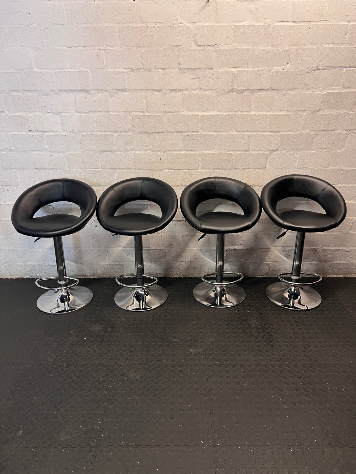 Black Faux Leather Swivel Bar Stool with Chrome Base — Good Working Order – back view