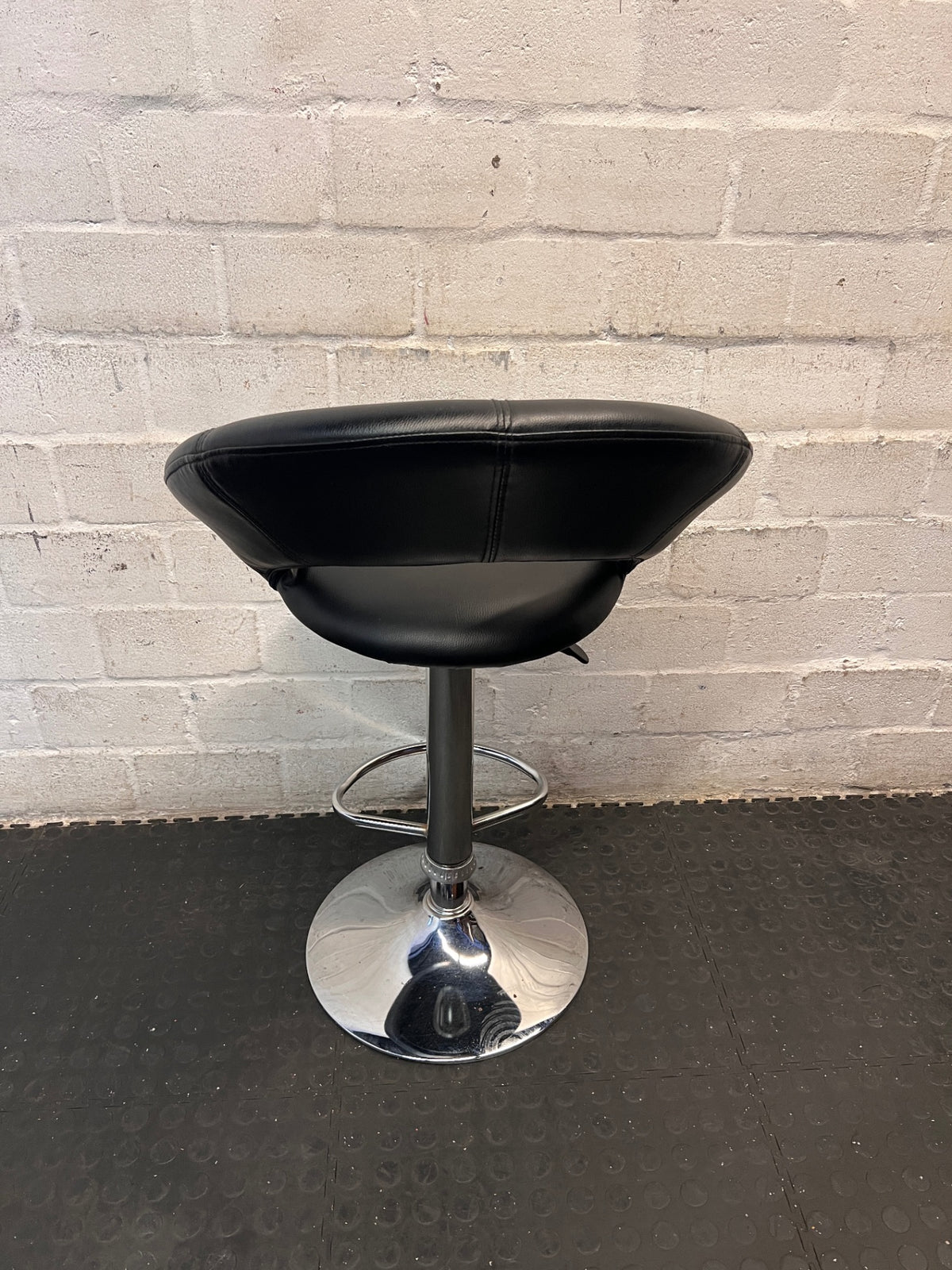 Black Faux Leather Swivel Bar Stool with Chrome Base — Good Working Order – condition detail