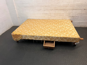 Vintage Floral Fabric Double Bed Base with Wooden Legs — Damaged Upholstery and Frayed Edges – back view 11