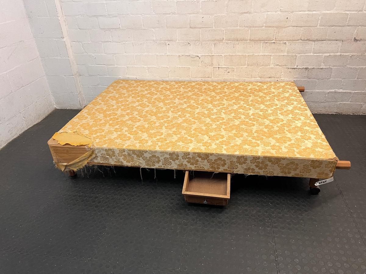 Vintage Floral Fabric Double Bed Base with Wooden Legs — Damaged Upholstery and Frayed Edges – back view 8