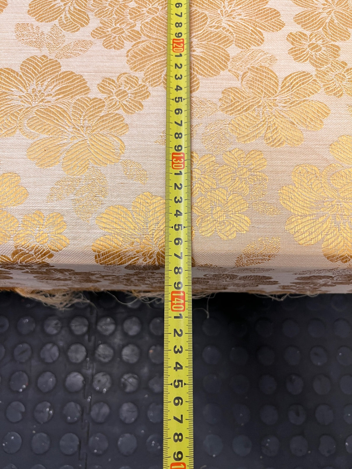 Vintage Floral Fabric Double Bed Base with Wooden Legs — Damaged Upholstery and Frayed Edges – depth measurement