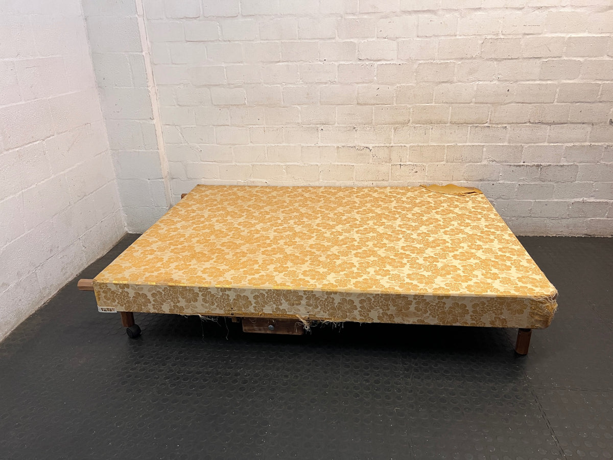 Vintage Floral Fabric Double Bed Base with Wooden Legs — Damaged Upholstery and Frayed Edges – side view 4