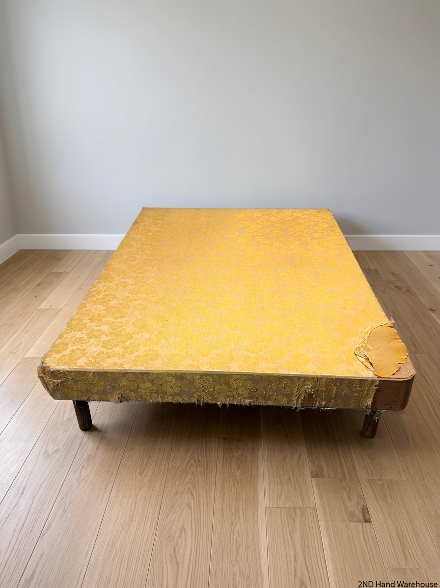 Vintage Floral Fabric Double Bed Base with Wooden Legs — Damaged Upholstery and Frayed Edges – styled product image