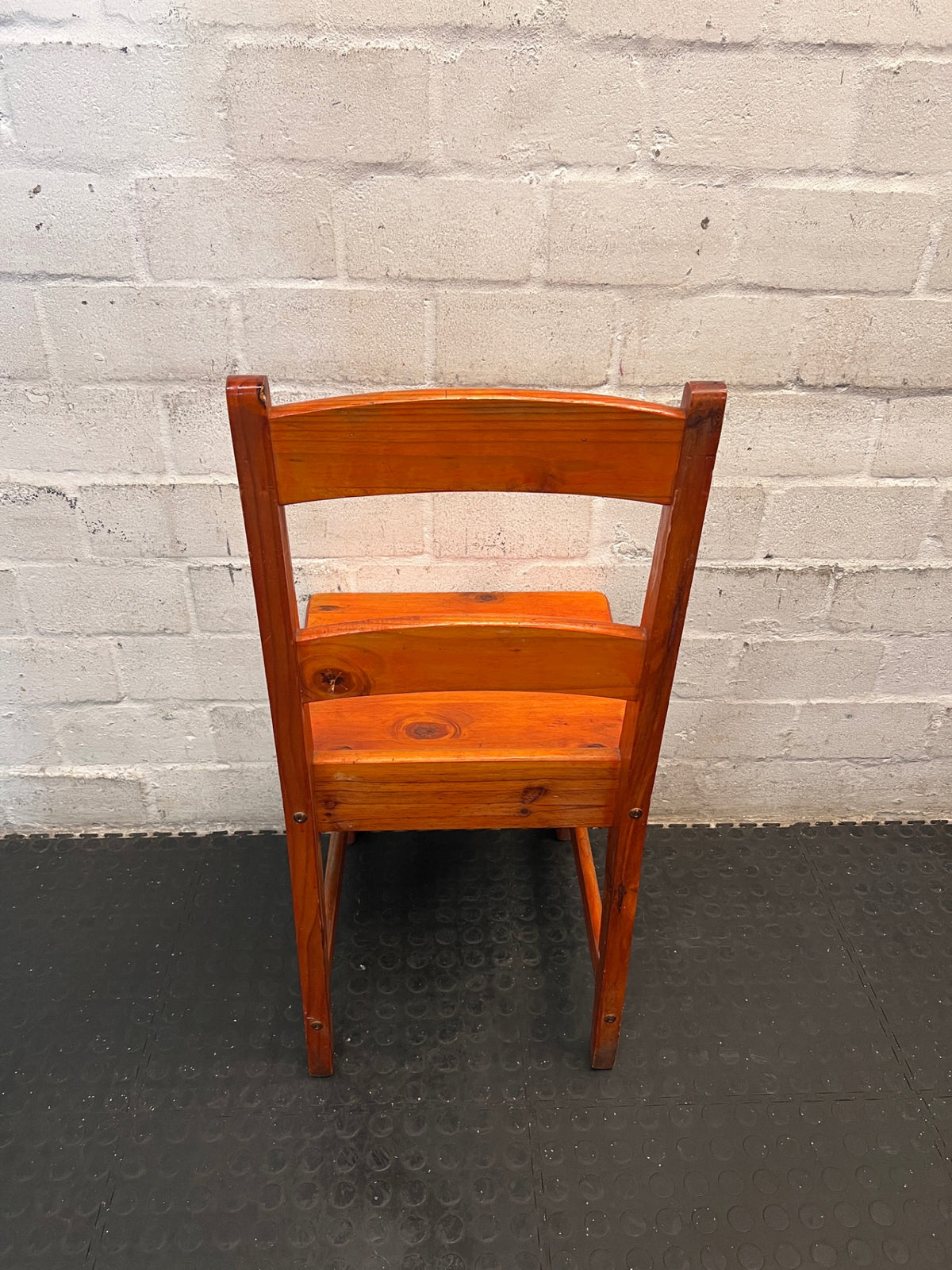 Honey-Toned Wooden Ladder Back Dining Chair — Fair Condition with Visible Wear – back view