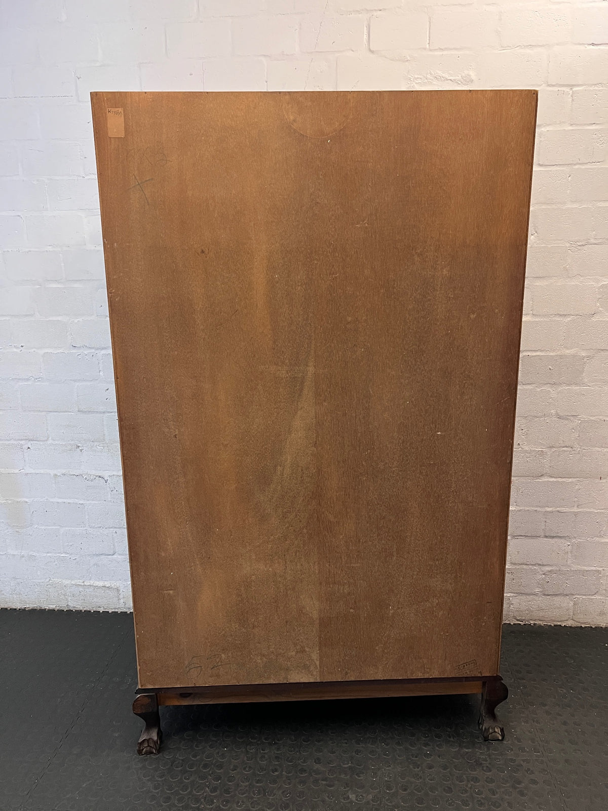 Classic Dark Wood Armoire with Scalloped Top — Well Used Wardrobe with Visible Wear – back view
