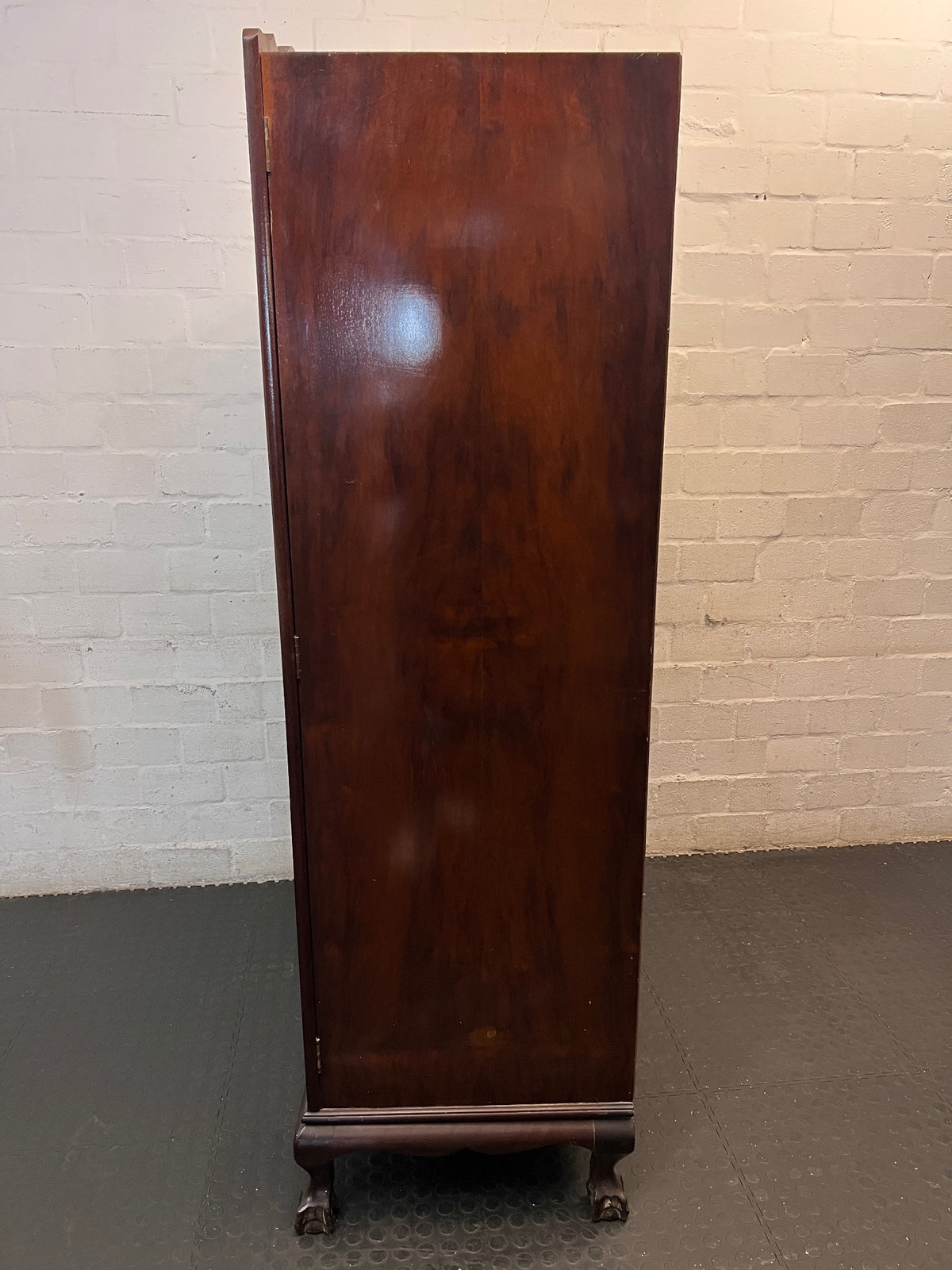 Classic Dark Wood Armoire with Scalloped Top — Well Used Wardrobe with Visible Wear – condition detail