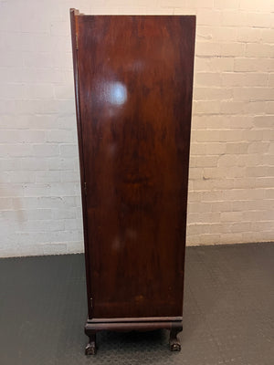 Classic Dark Wood Armoire with Scalloped Top — Well Used Wardrobe with Visible Wear – condition detail