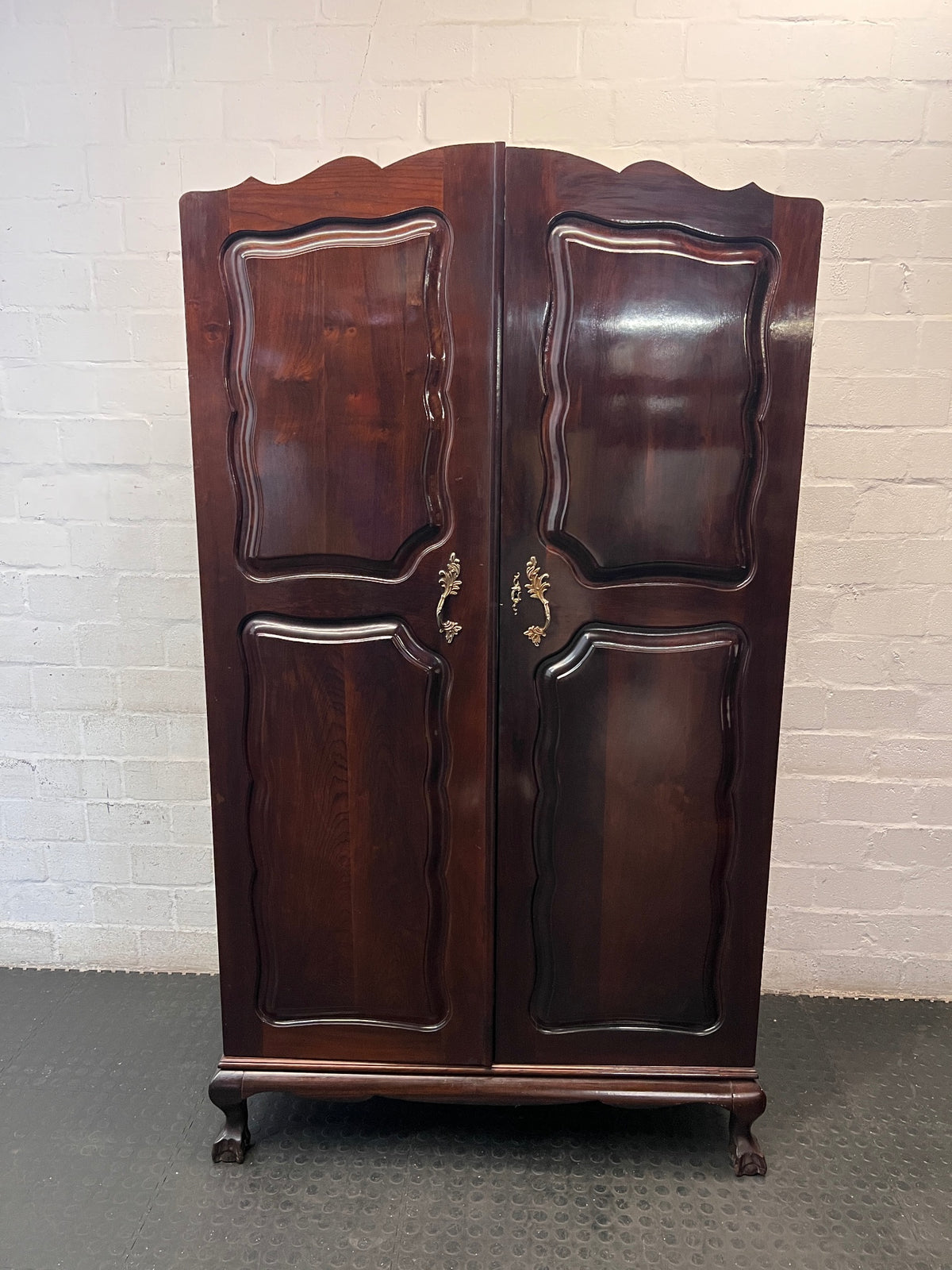 Classic Dark Wood Armoire with Scalloped Top — Well Used Wardrobe with Visible Wear – main front view