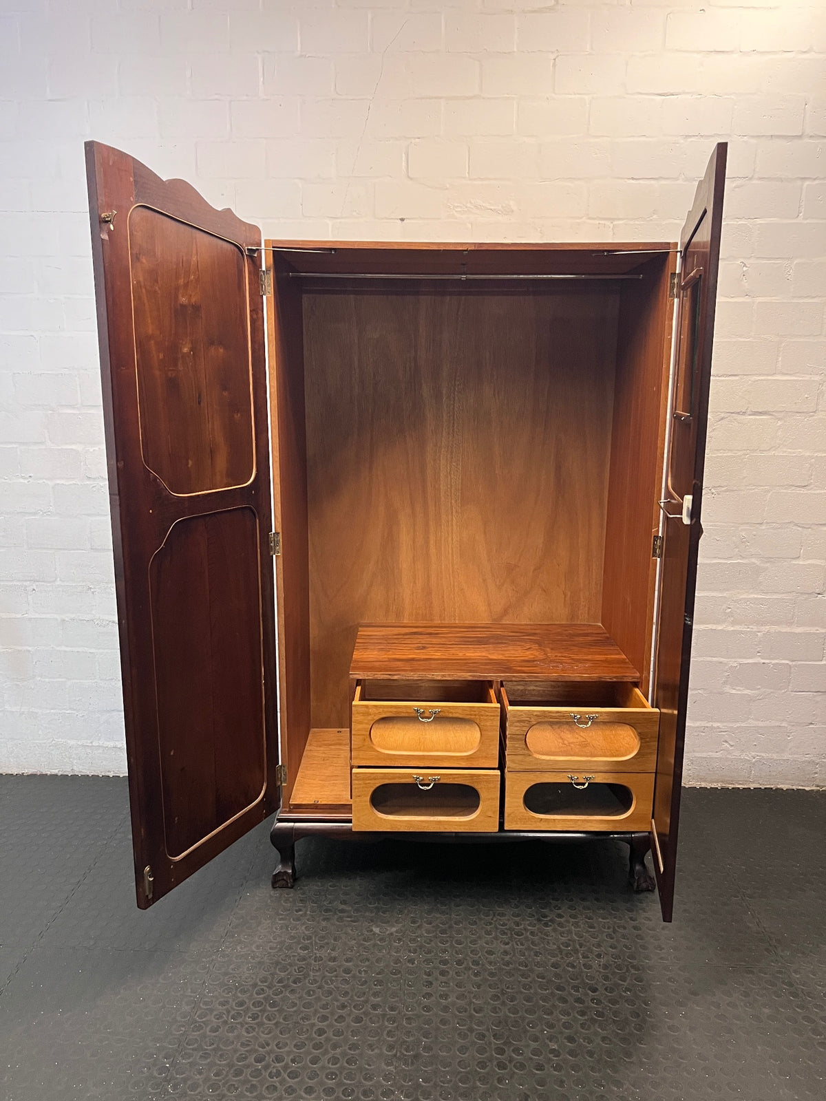Classic Dark Wood Armoire with Scalloped Top — Well Used Wardrobe with Visible Wear – side view