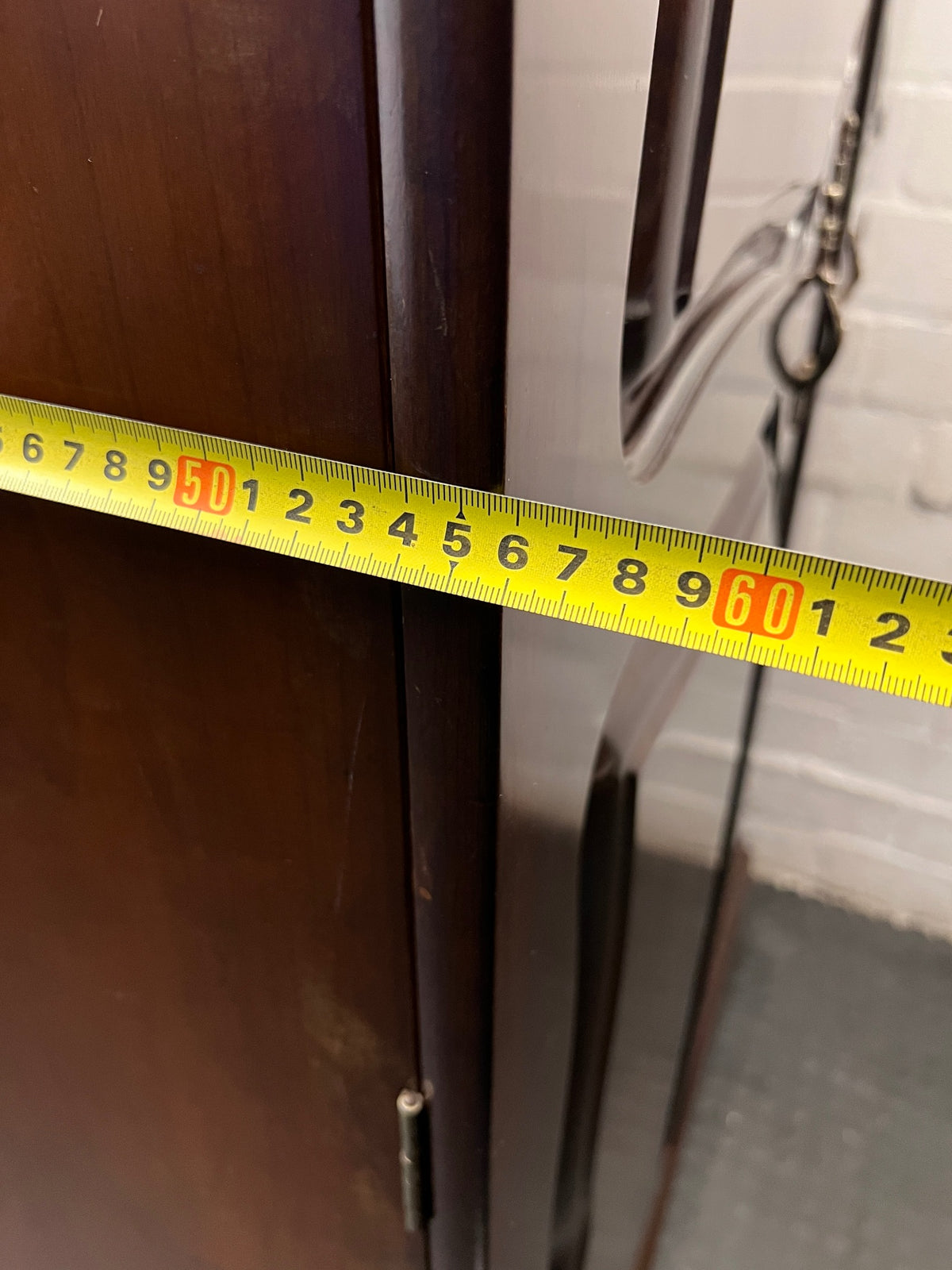 Classic Dark Wood Armoire with Scalloped Top — Well Used Wardrobe with Visible Wear – width measurement