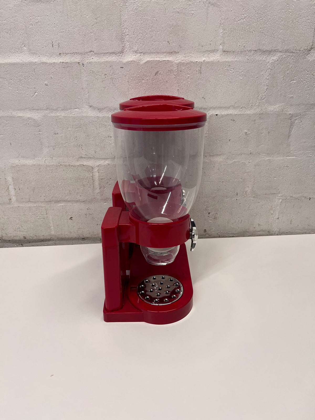 Red Double Cereal Dispenser with Chrome Accents — Clean and Pre-owned Condition – back view
