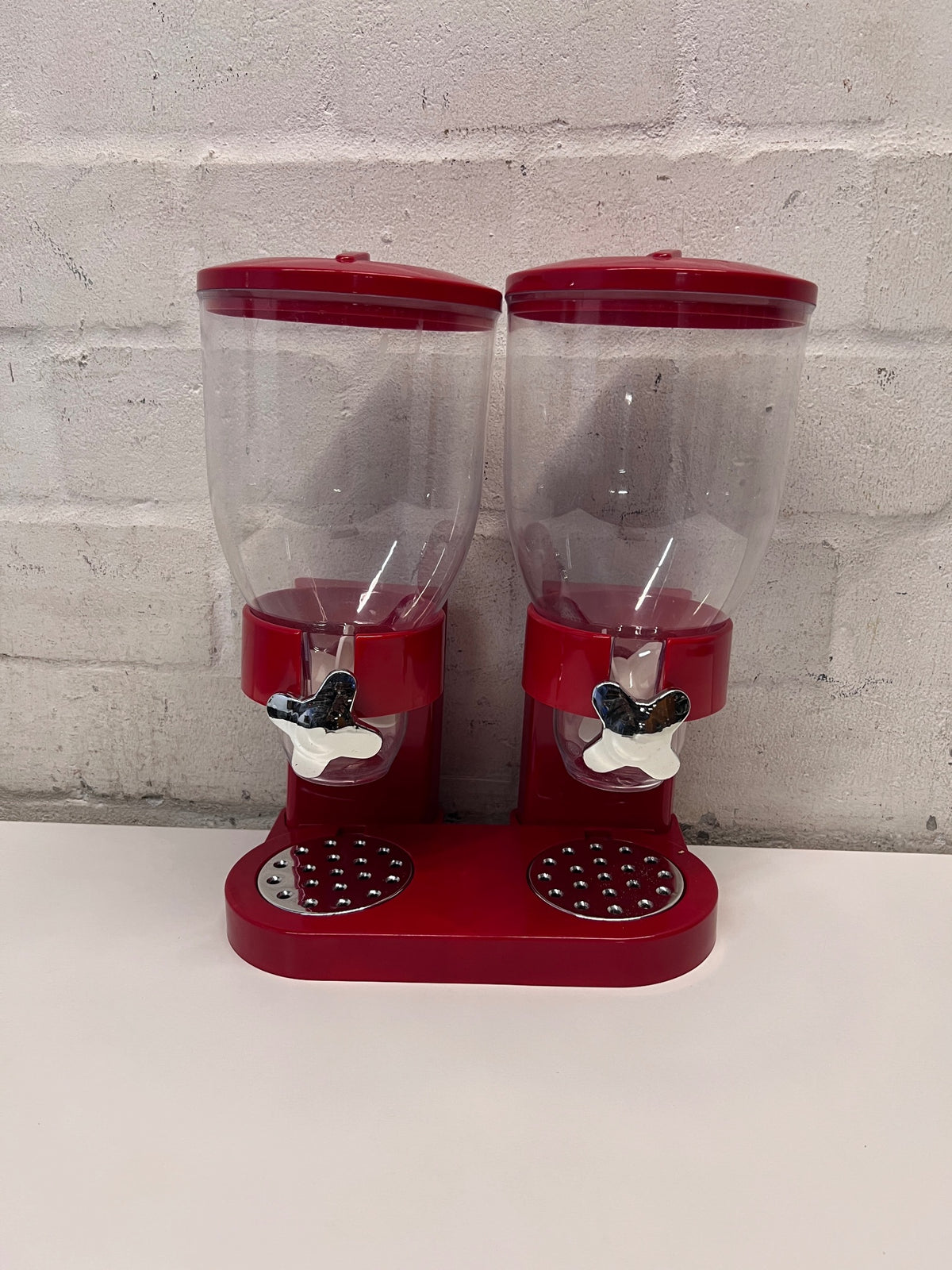 Red Double Cereal Dispenser with Chrome Accents — Clean and Pre-owned Condition – main front view