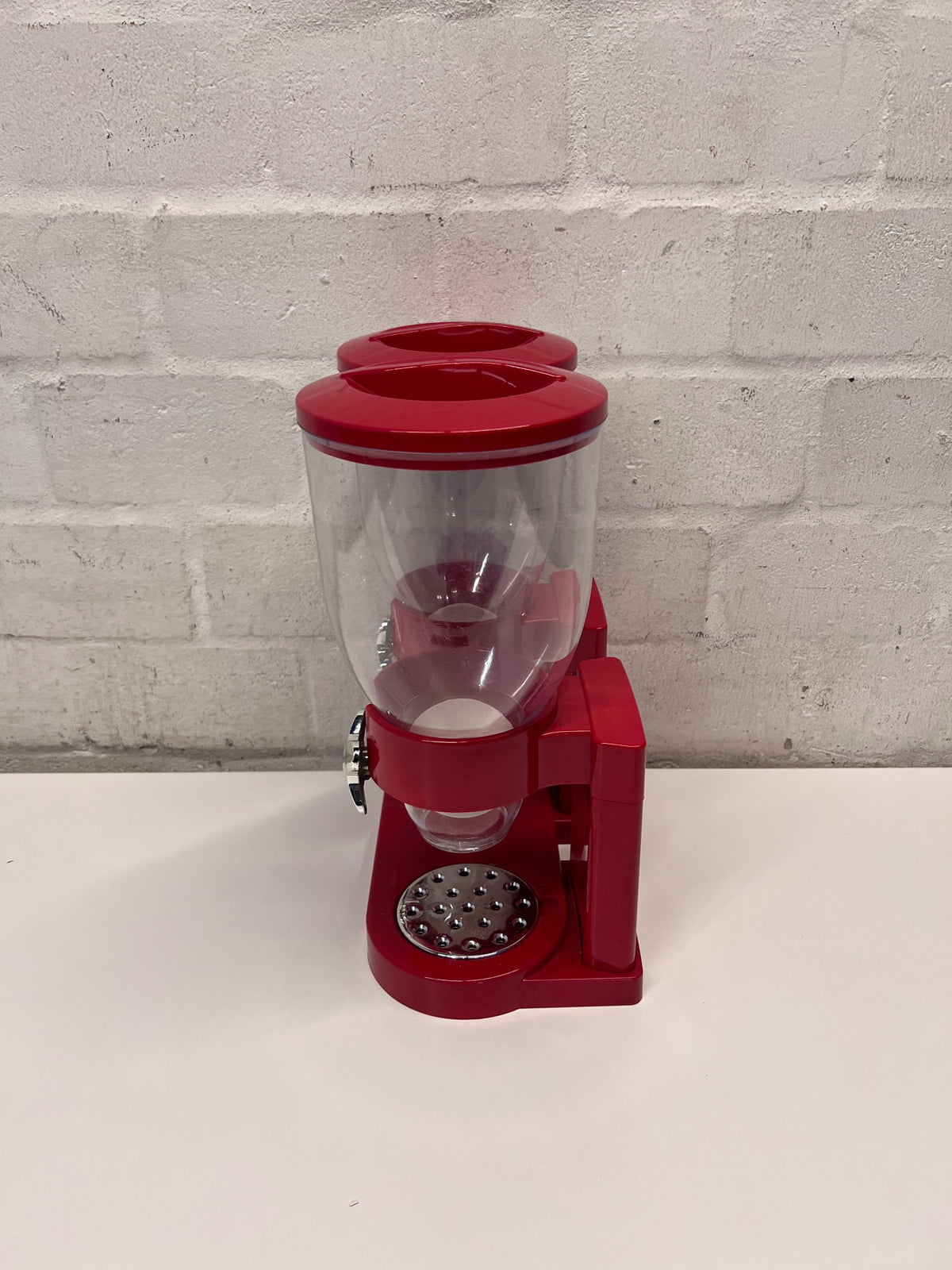 Red Double Cereal Dispenser with Chrome Accents — Clean and Pre-owned Condition – side view