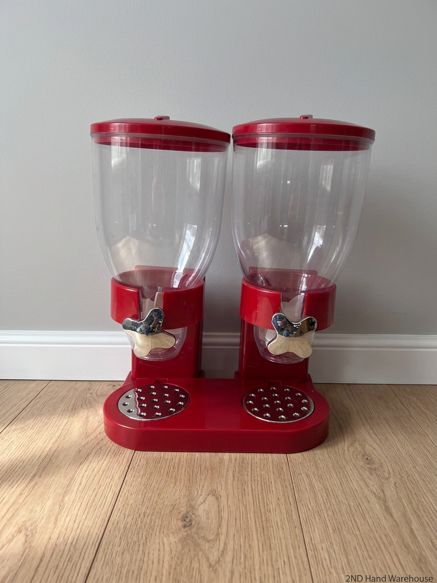 Red Double Cereal Dispenser with Chrome Accents — Clean and Pre-owned Condition – styled product image
