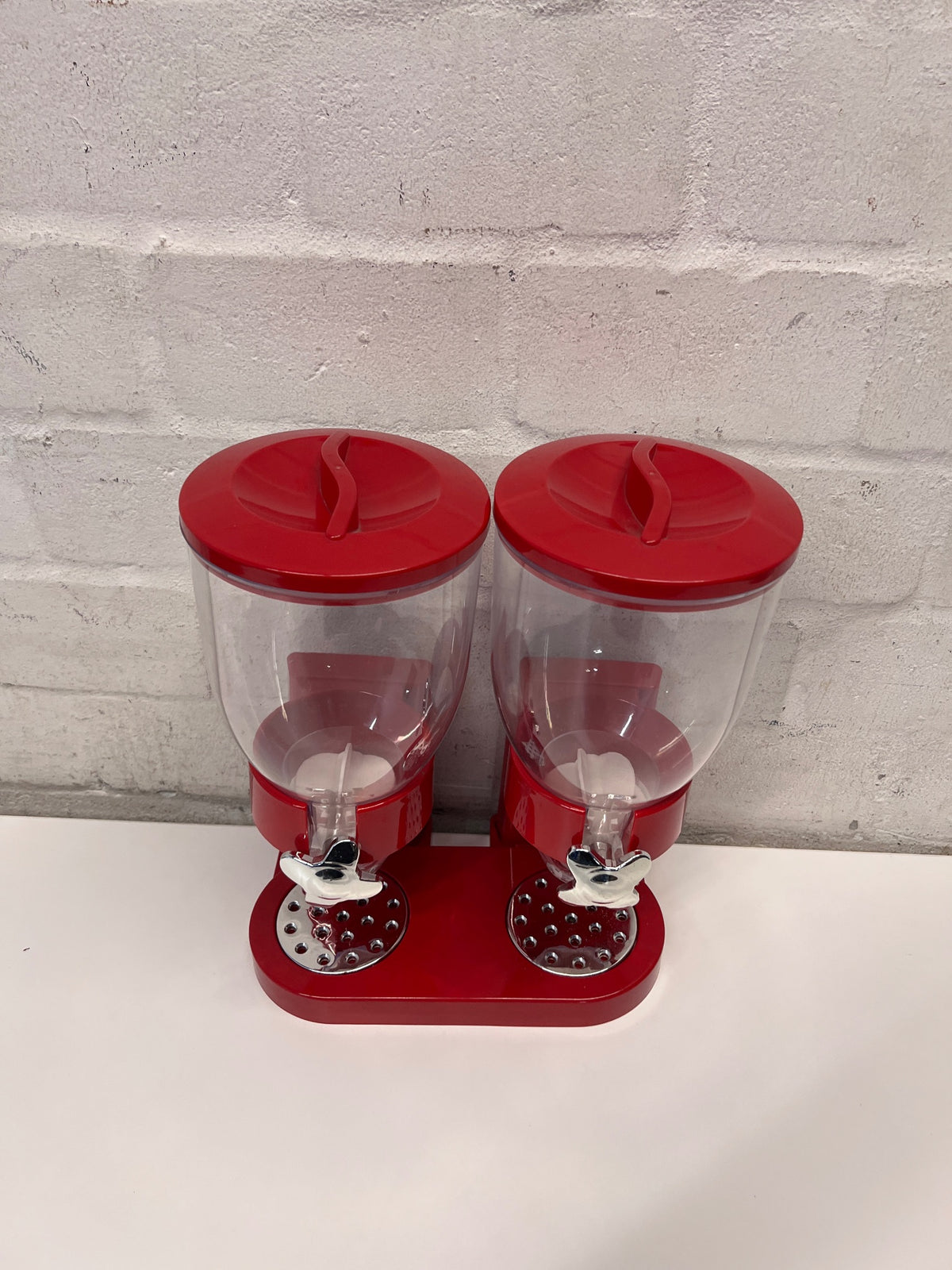 Red Double Cereal Dispenser with Chrome Accents — Clean and Pre-owned Condition – top view