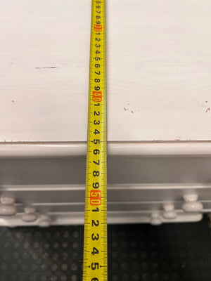 White Wooden Chest of Drawers with Bun Feet — Visible Paint Chips; Working Order – depth measurement