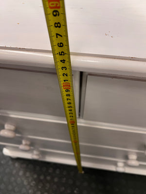 White Wooden Chest of Drawers with Bun Feet — Visible Paint Chips; Working Order – height measurement