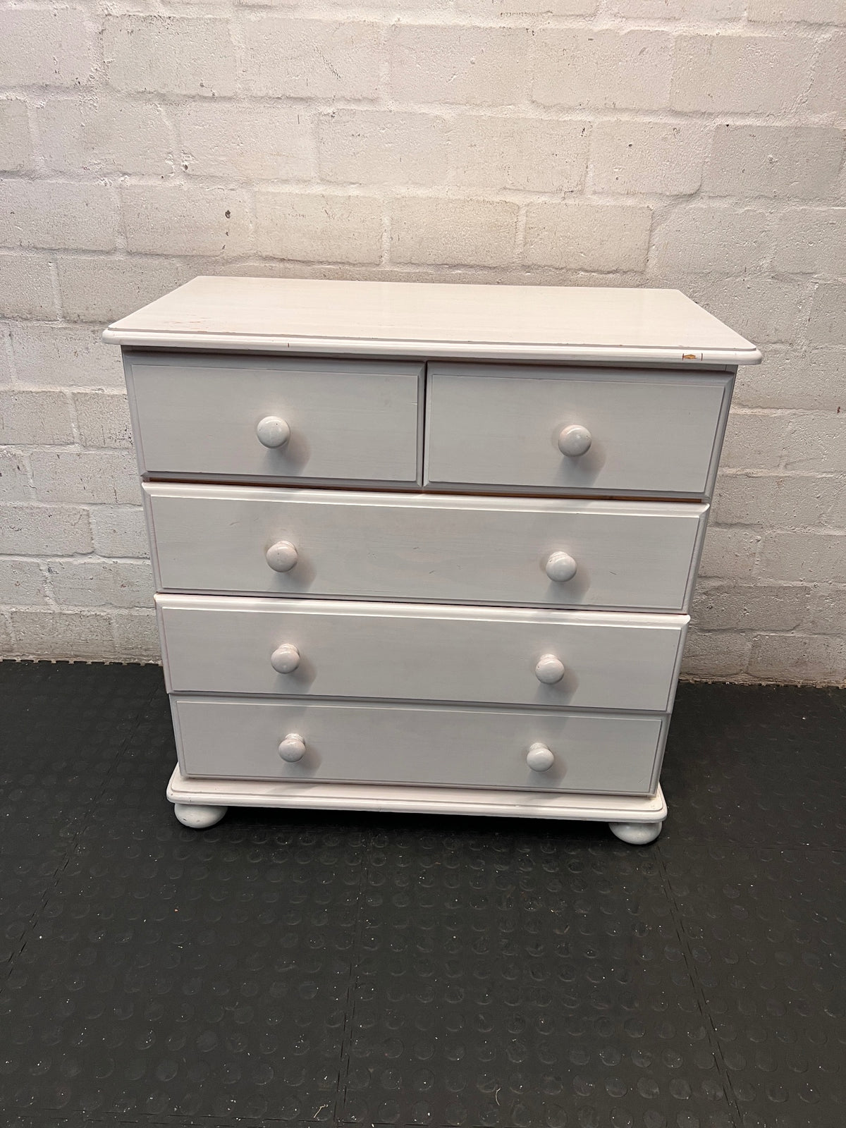 White Wooden Chest of Drawers with Bun Feet — Visible Paint Chips; Working Order – main front view