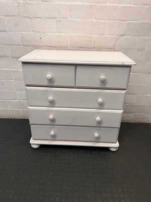 White Wooden Chest of Drawers with Bun Feet — Visible Paint Chips; Working Order – main front view