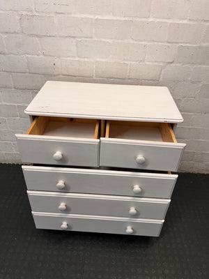 White Wooden Chest of Drawers with Bun Feet — Visible Paint Chips; Working Order – side view