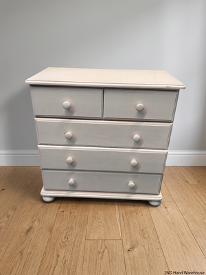 White Wooden Chest of Drawers with Bun Feet — Visible Paint Chips; Working Order – styled product image