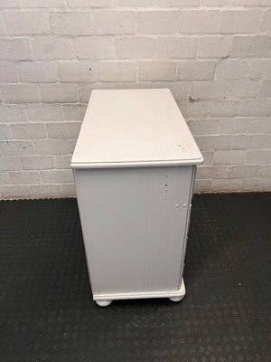 White Wooden Chest of Drawers with Bun Feet — Visible Paint Chips; Working Order – top view