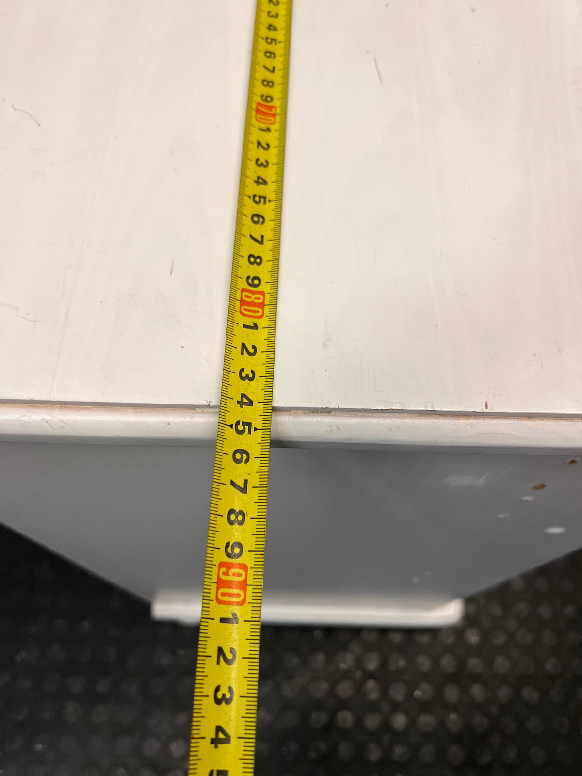 White Wooden Chest of Drawers with Bun Feet — Visible Paint Chips; Working Order – width measurement