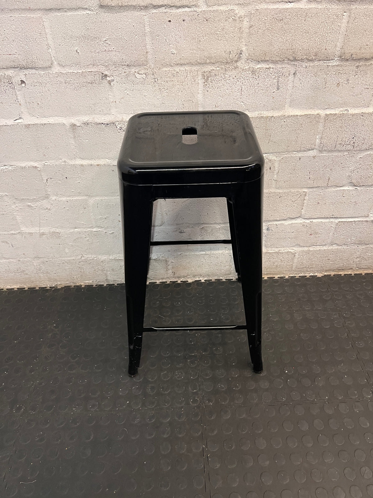 Black Industrial Metal Bar Stool — Fair Used Condition – main front view