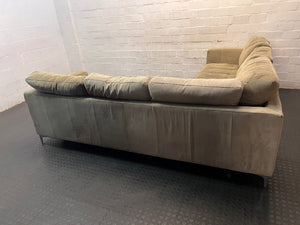 Large Brown L-Shape Sectional Couch with Tufted Detail — Damaged Underneath with Corner Tears and Stains – back view