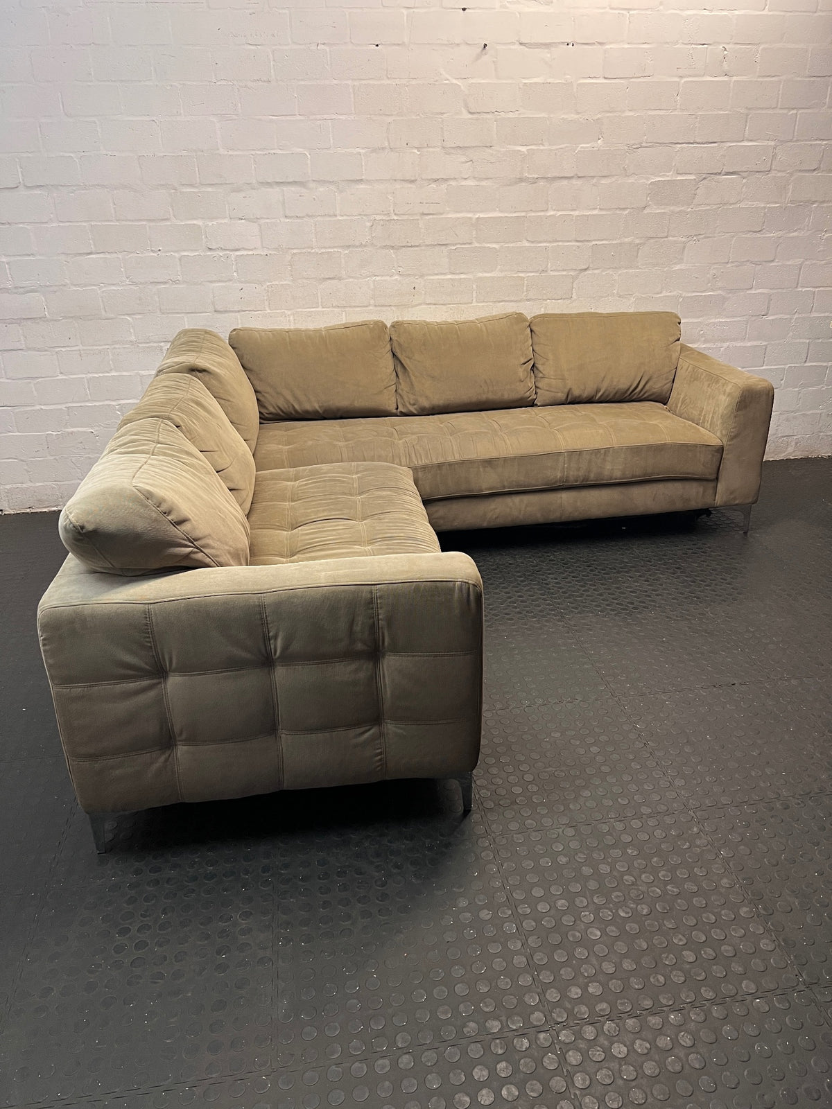 Large Brown L-Shape Sectional Couch with Tufted Detail — Damaged Underneath with Corner Tears and Stains – main front view