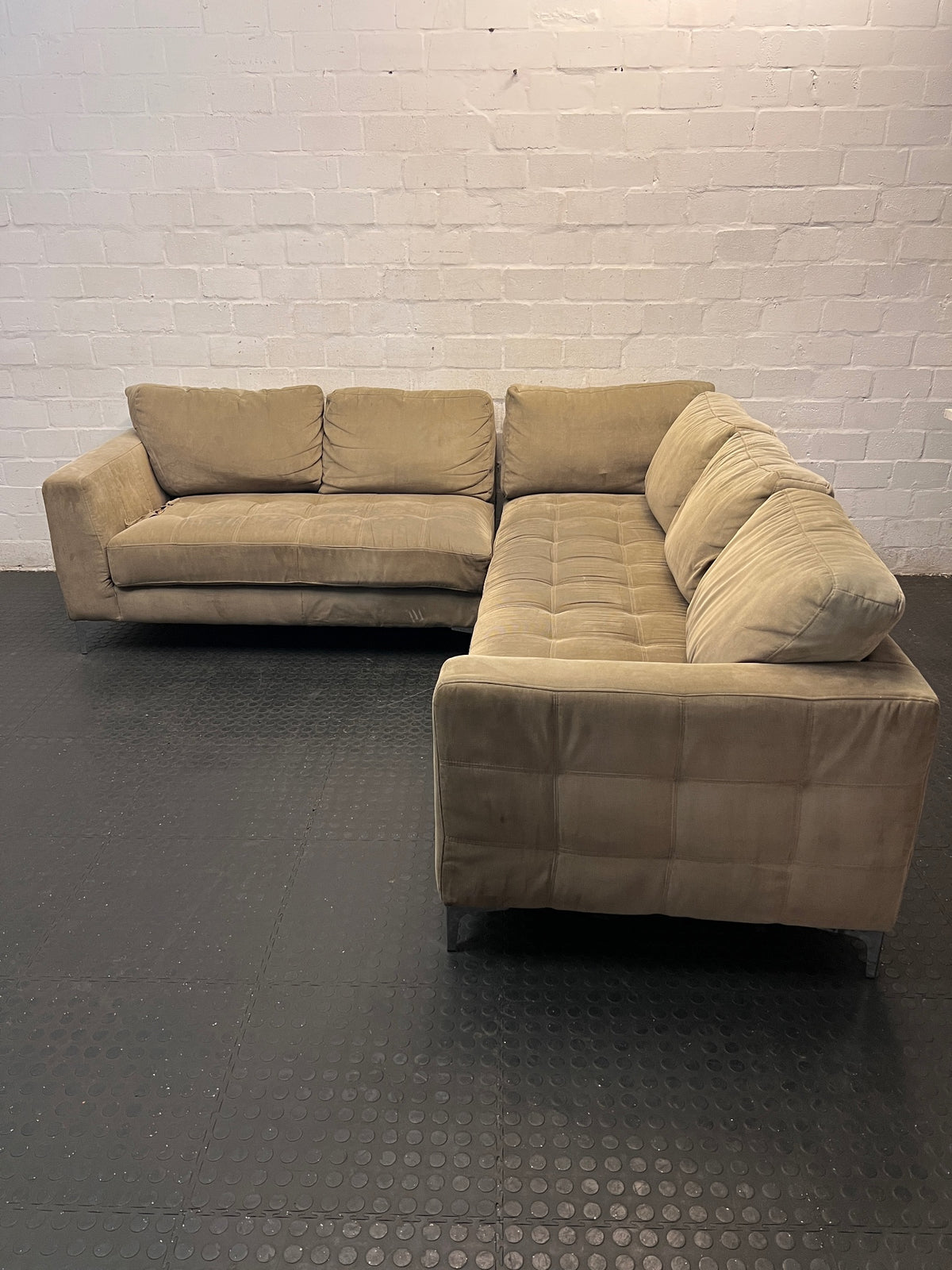 Large Brown L-Shape Sectional Couch with Tufted Detail — Damaged Underneath with Corner Tears and Stains – side view