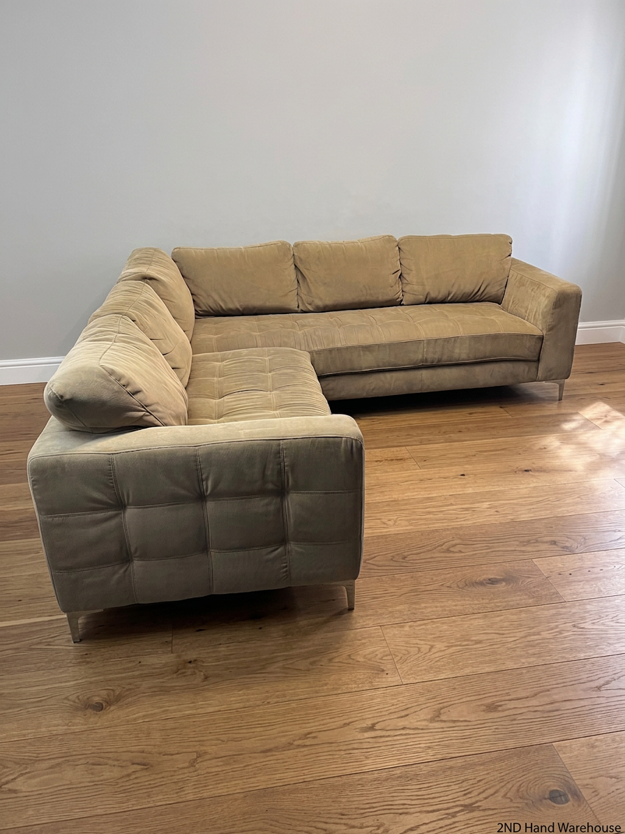 Large Brown L-Shape Sectional Couch with Tufted Detail — Damaged Underneath with Corner Tears and Stains – styled product image
