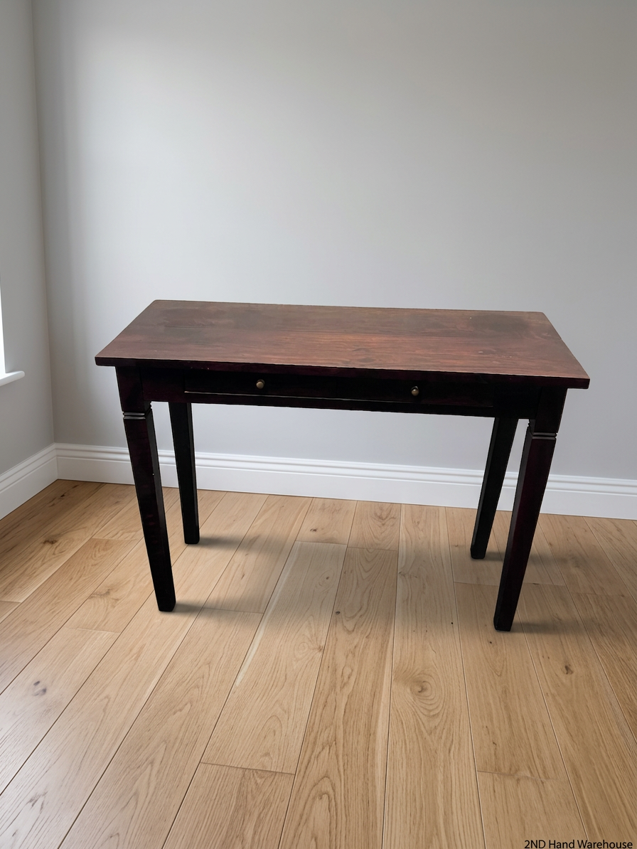 Dark Brown Wooden Console Table with Drawer — Fair Condition with Visible Wear – styled product image
