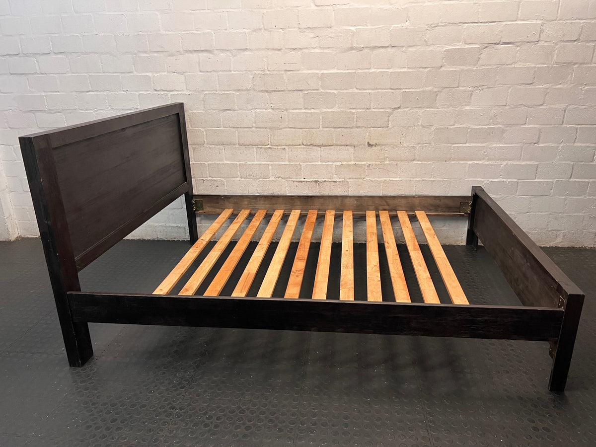 Dark Brown Wooden Queen Bed Frame — Structural Faults Present – back view