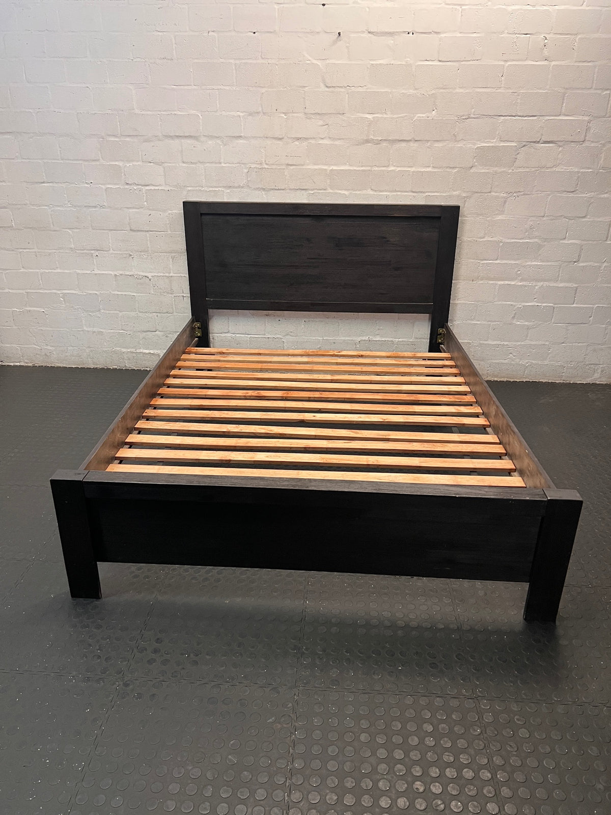 Dark Brown Wooden Queen Bed Frame — Structural Faults Present – main front view
