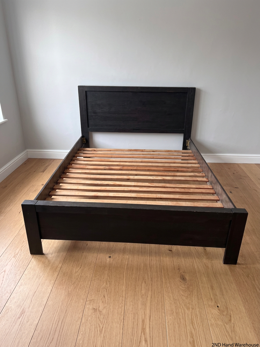 Dark Brown Wooden Queen Bed Frame — Structural Faults Present – styled product image
