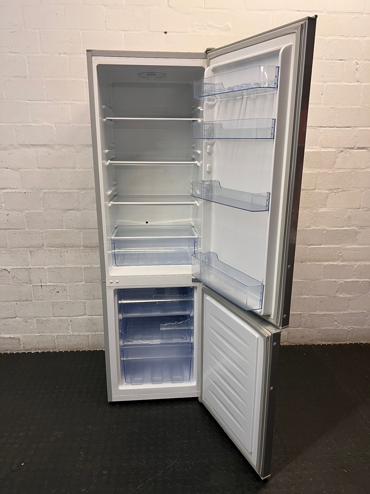 Hisense Silver Bottom-Mount Fridge Freezer — Working Well With Broken Internal Trays – side view