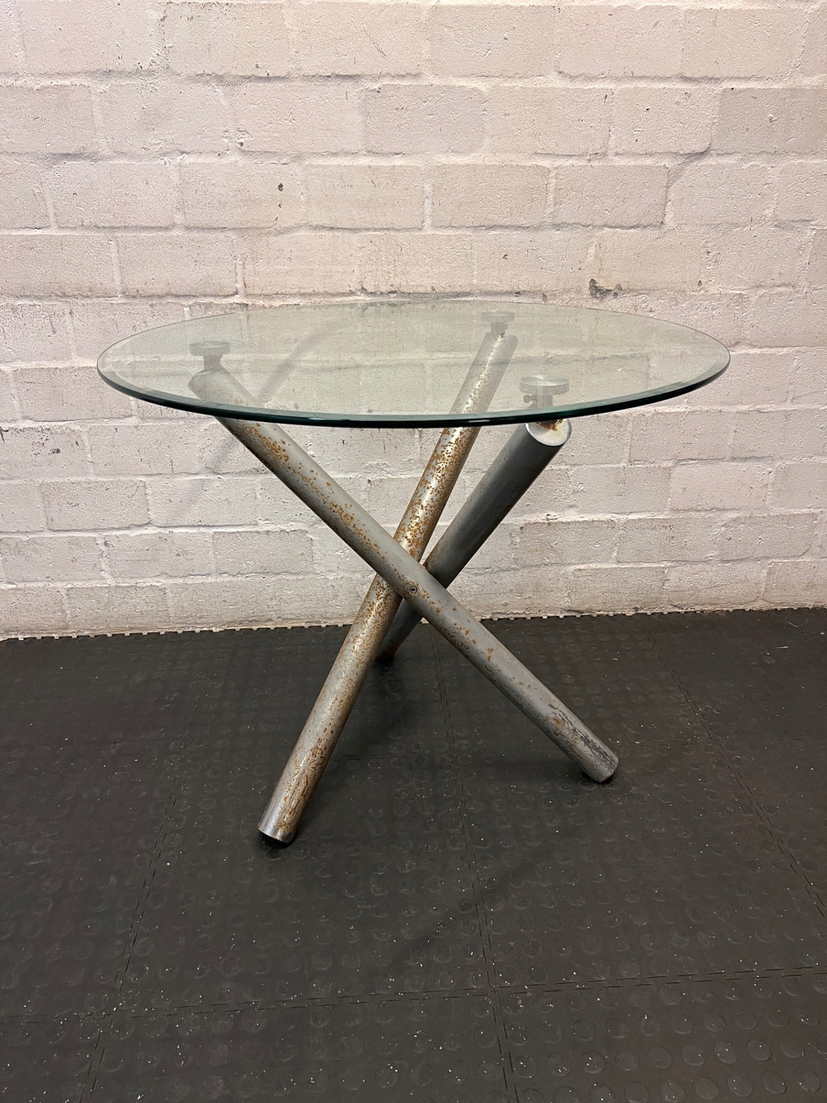 Round Glass Top Table with Metal Tripod Base – back view