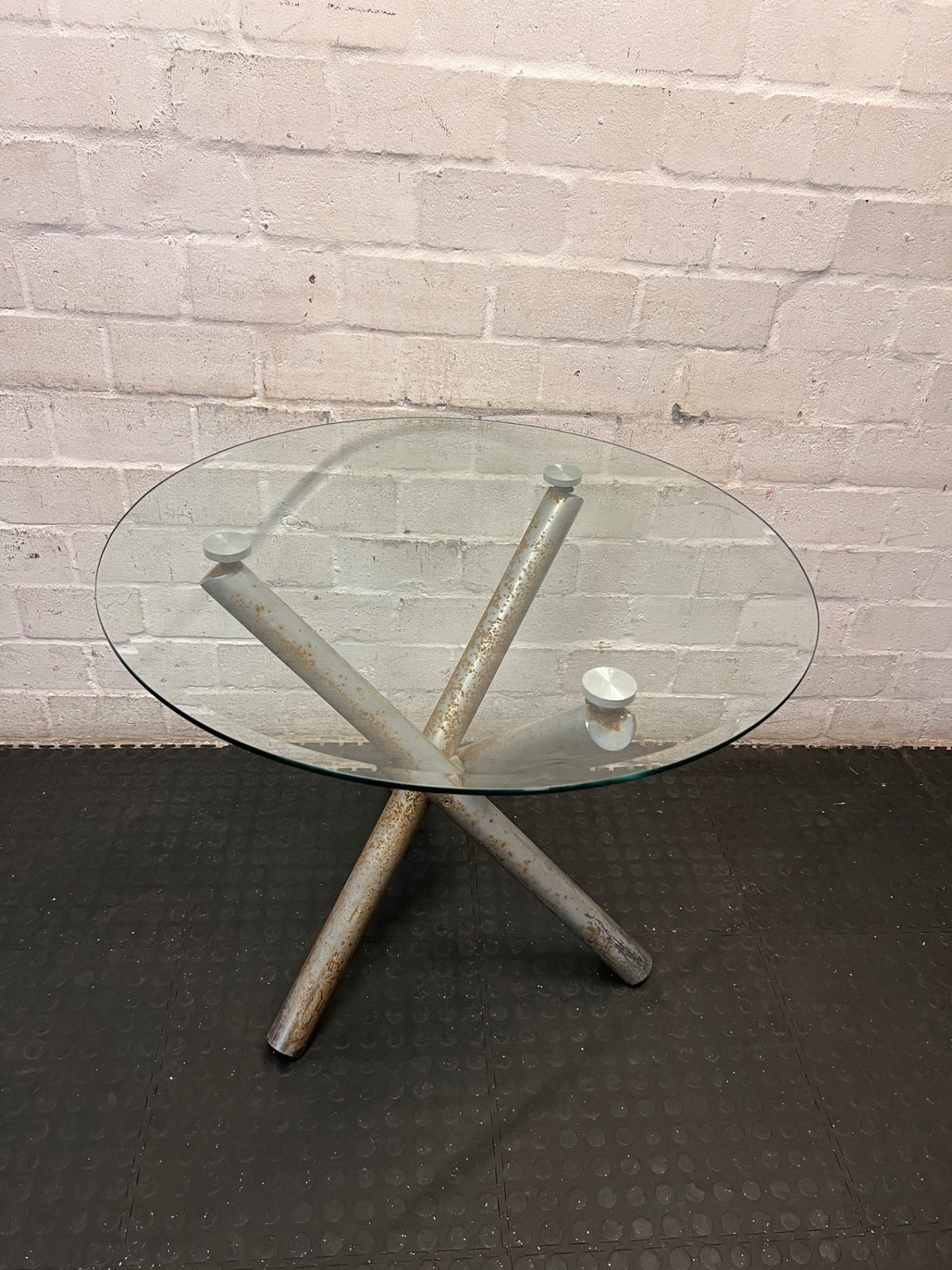 Round Glass Top Table with Metal Tripod Base – side view