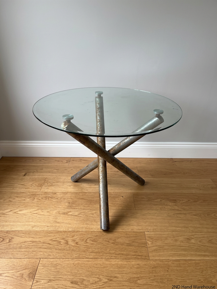 Round Glass Top Table with Metal Tripod Base – styled product image