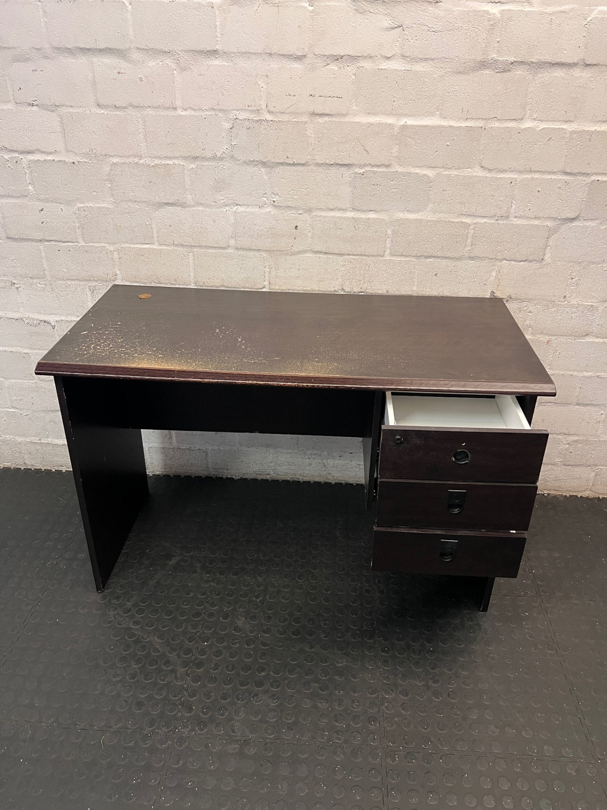 Dark Wood-Finish Office Desk with Three Drawers – side view
