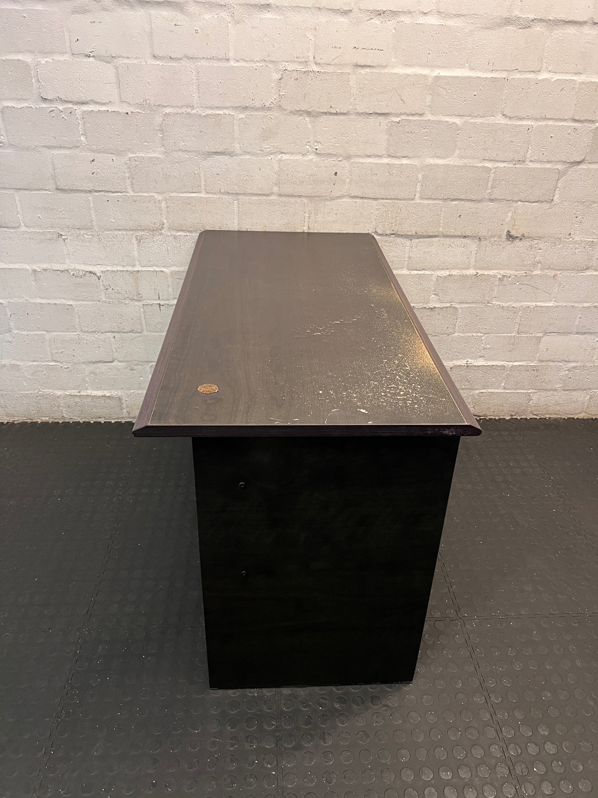 Dark Wood-Finish Office Desk with Three Drawers – top view