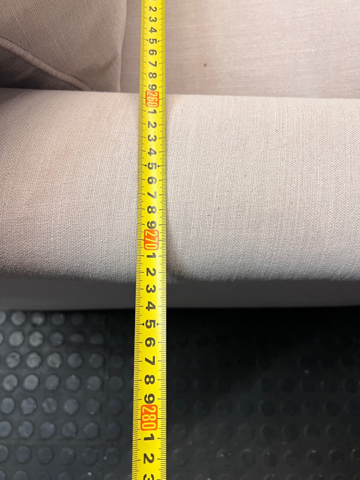 Light Grey 3 Seater Couch with Feather Inner — Visible Wear and Minor Stains – width measurement