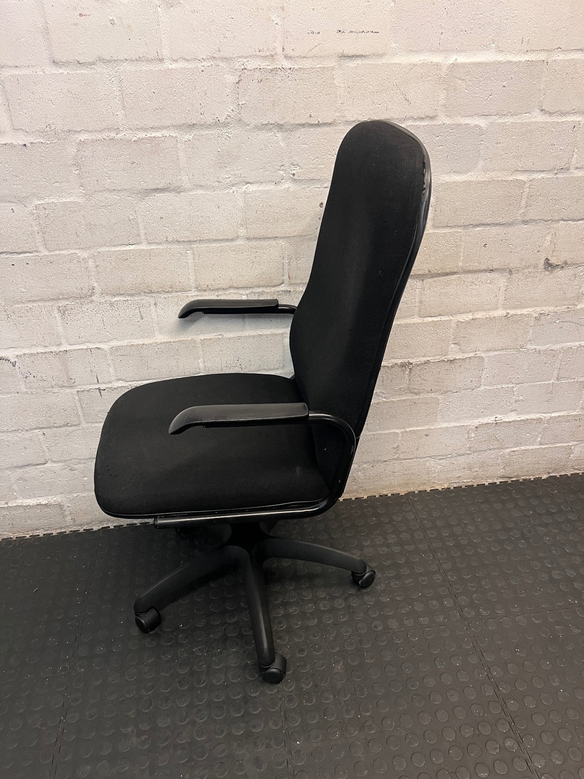 Black Fabric High Back Office Chair — Fair Used Condition – side view